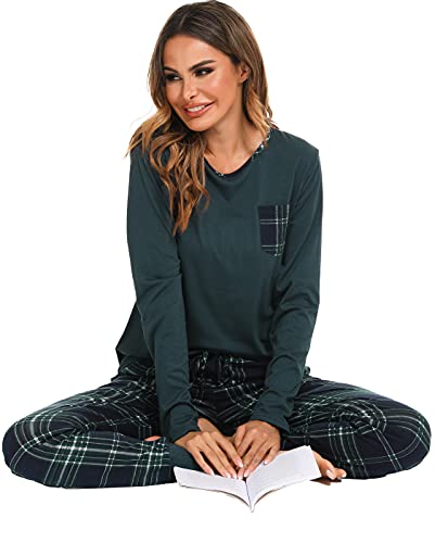 Vlazom Pyjamas Set for Women, Soft Two Pieces Pj's Sets Long Sleeve Tops and Plaid Pants Sleepwear with Pockets D-Dark Green, L