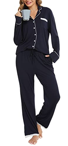 Vlazom Pyjamas Set for Women, Soft Two Pieces Pjs Sets Long Sleeve Button Down Tops and Pants Sleepwear Loungewear with Pockets S-XXL Navy Blue