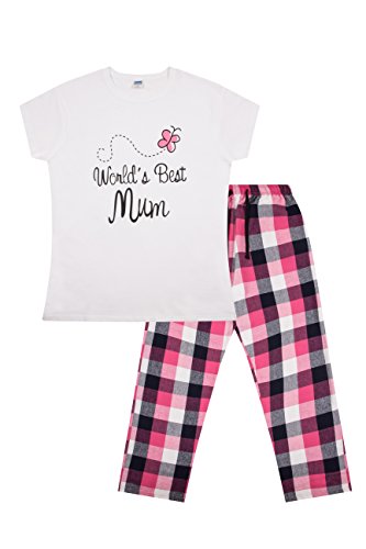 Ladies Pyjamas World's Best Mum Long Woven Checked Pjs - Ideal Mother's Day (22-24) White