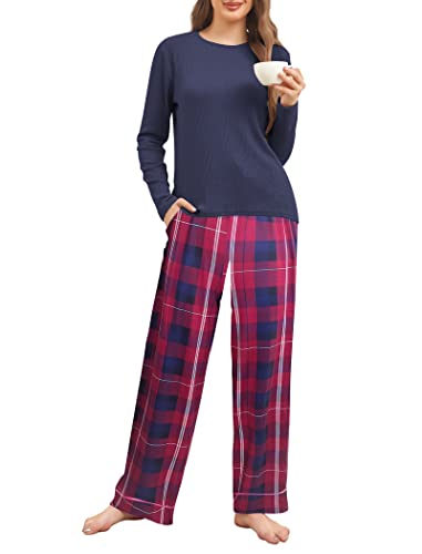 Famulily Pajama Sets for Women UK Soft Lounge Sets O-Neck Sleepwear Tops+Printed Plaid Long Pants Navy Blue L