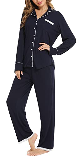 Vlazom Pyjamas Set for Women, Soft Two Pieces Pjs Sets Long Sleeve Button Down Tops and Pants Sleepwear Loungewear with Pockets S-XXL Navy Blue