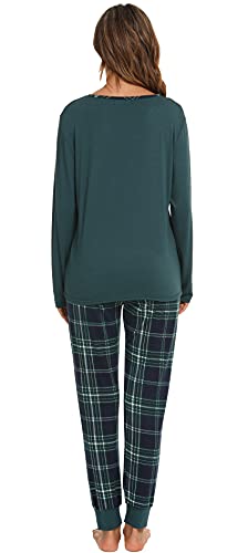 Vlazom Pyjamas Set for Women, Soft Two Pieces Pj's Sets Long Sleeve Tops and Plaid Pants Sleepwear with Pockets D-Dark Green, L