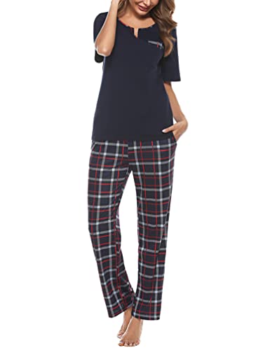 Bresdk Women Pyjama Set Cotton Checked Short Sleeve Loungewear 2 Pieces V-Neck Top & Bottom Sleepwear Soft Nightwear with Pockets Ladies Pjs Set Navy Blue L