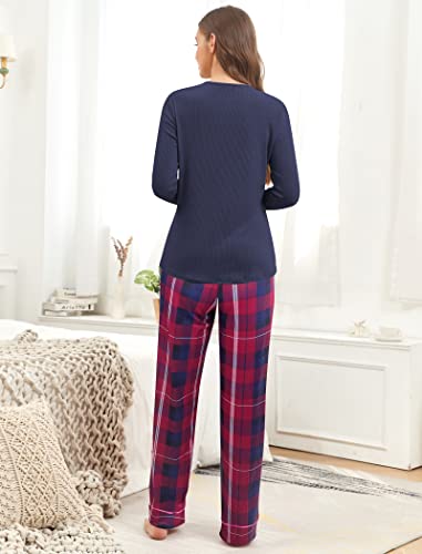 Famulily Pajama Sets for Women UK Soft Lounge Sets O-Neck Sleepwear Tops+Printed Plaid Long Pants Navy Blue L