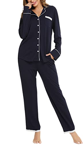 Vlazom Pyjamas Set for Women, Soft Two Pieces Pjs Sets Long Sleeve Button Down Tops and Pants Sleepwear Loungewear with Pockets S-XXL Navy Blue