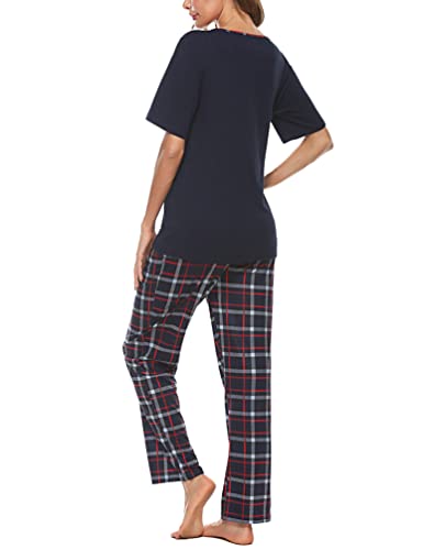 Bresdk Women Pyjama Set Cotton Checked Short Sleeve Loungewear 2 Pieces V-Neck Top & Bottom Sleepwear Soft Nightwear with Pockets Ladies Pjs Set Navy Blue L