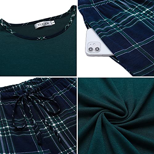 Vlazom Pyjamas Set for Women, Soft Two Pieces Pj's Sets Long Sleeve Tops and Plaid Pants Sleepwear with Pockets D-Dark Green, L