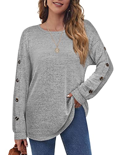 Aokosor Womens Long Sleeve Tops Ladies Loose Jumpers Button Sleeve Sweatshirt Curved Hem Light Grey Size 18-20