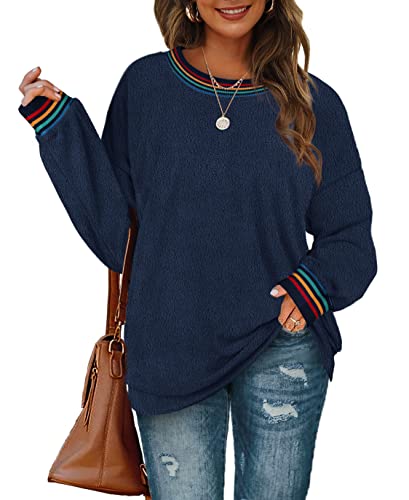 Aokosor Jumpers for Women Fuzzy Sweater Ladies Crewneck Tops Rainbow Striped Sweatshirt Navy Size 18-20