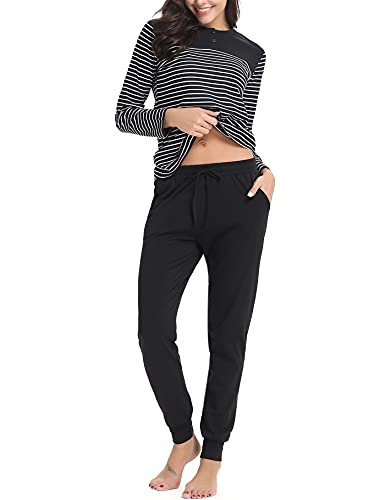 Aseniza Pyjamas For Women Cotton Long Sleeve Ladies Lounge Wear Pjs Set Soft Sleepwear Plaid Top & Bottoms with Pockets Drawstring（C#-Black，S）