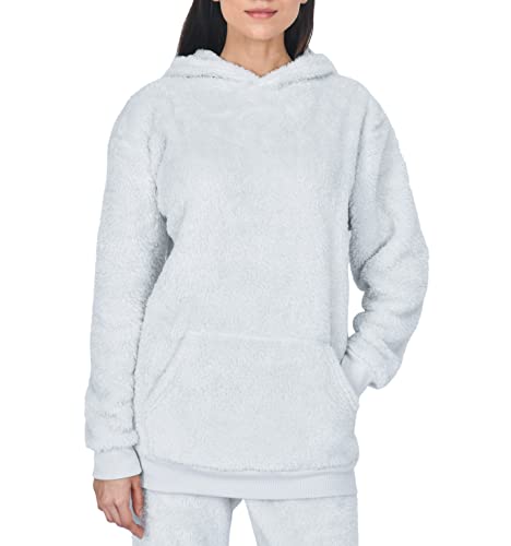 Sleepdown Women's Blush Ladies Luxury Teddy Fleece Hoodie Sweatshirt Hooded Top Fluffy Warm Soft Cosy Pullover Jumper, Grey, XL