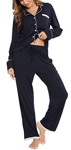 Vlazom Pyjamas Set for Women, Soft Two Pieces Pjs Sets Long Sleeve Button Down Tops and Pants Sleepwear Loungewear with Pockets S-XXL Navy Blue
