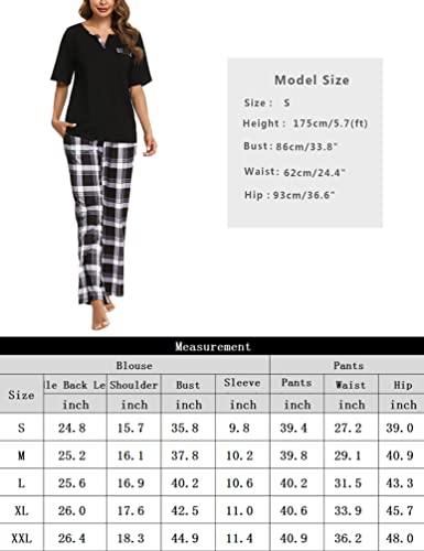 Bresdk Women Pyjama Set Cotton Checked Short Sleeve Loungewear 2 Pieces V-Neck Top & Bottom Sleepwear Soft Nightwear with Pockets Ladies Pjs Set Navy Blue L