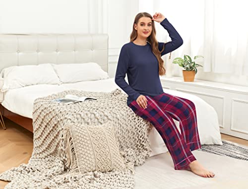Famulily Pajama Sets for Women UK Soft Lounge Sets O-Neck Sleepwear Tops+Printed Plaid Long Pants Navy Blue L