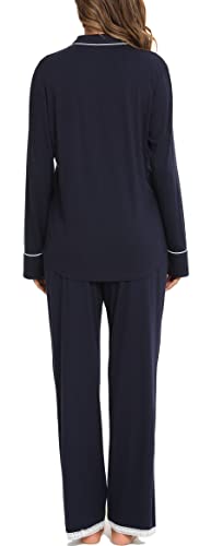 Vlazom Pyjamas Set for Women, Soft Two Pieces Pjs Sets Long Sleeve Button Down Tops and Pants Sleepwear Loungewear with Pockets S-XXL Navy Blue