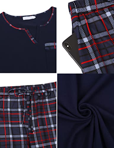 Bresdk Women Pyjama Set Cotton Checked Short Sleeve Loungewear 2 Pieces V-Neck Top & Bottom Sleepwear Soft Nightwear with Pockets Ladies Pjs Set Navy Blue L