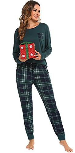 Vlazom Pyjamas Set for Women, Soft Two Pieces Pj's Sets Long Sleeve Tops and Plaid Pants Sleepwear with Pockets D-Dark Green, L