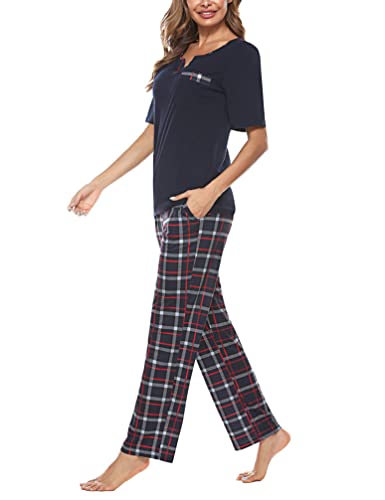 Bresdk Women Pyjama Set Cotton Checked Short Sleeve Loungewear 2 Pieces V-Neck Top & Bottom Sleepwear Soft Nightwear with Pockets Ladies Pjs Set Navy Blue L