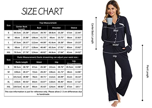 Vlazom Pyjamas Set for Women, Soft Two Pieces Pjs Sets Long Sleeve Button Down Tops and Pants Sleepwear Loungewear with Pockets S-XXL Navy Blue