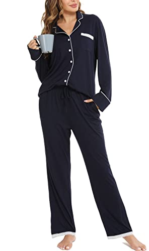 Vlazom Pyjamas Set for Women, Soft Two Pieces Pjs Sets Long Sleeve Button Down Tops and Pants Sleepwear Loungewear with Pockets S-XXL Navy Blue