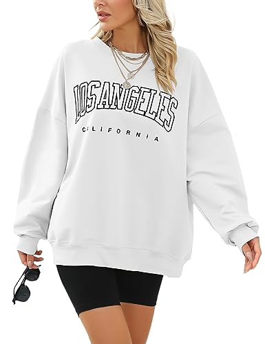 Voqeen Women's Oversized Sweatshirts Crewneck Long Sleeve Casual Loose Pullover Tops Los Angeles Y2K Boy Friend Tops White