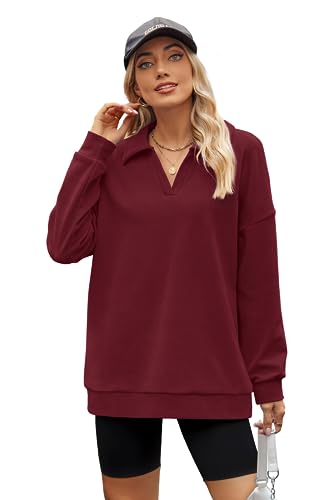 Aokosor Sweatshirts for Women Lightweight Jumpers Ladies Long Sleeve Tops Loose Fit Wine Red Size 14-16