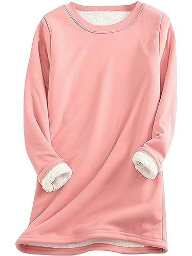 Hormtaer Women's Plush Jumper Winter Warm Sherpa Lined Fleece Crewneck Sweatshirt Casual Long Sleeve Sweater Thermal Loungewear (Pink, XL)