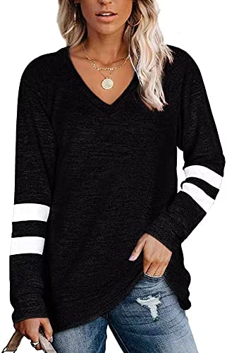 Famulily Sweatshirt for Ladies Long Sleeve Cotton Striped V-Neck Loose Casual Jumper Tops Black L