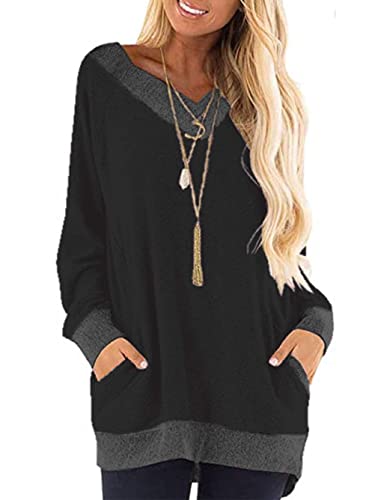 iChunhua Ladies V Neck Jumpers Cheap Stretch Flowing Cotton Tops with Pockets Black 2XL