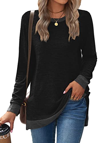 Famulily Women's Longline Sweatshirt Crewneck Long Sleeve Split Side Cotton Comfy Jumpers with Pockets Black S