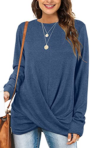 Aokosor Womens Long Sleeve Tops Ladies Loose Fit Jumpers Twist Front Sweatshirt Blue Size 14-16