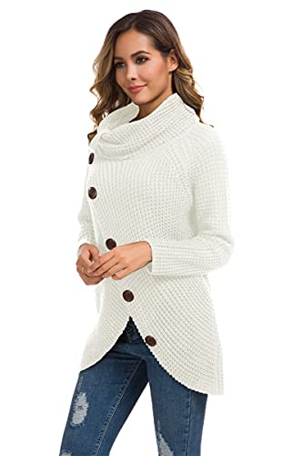 GRECERELLE Women's Winter Jumpers Knit Warm Turtle Neck Wrap Asymmetric Hem Jumper Sweater Tops with Button for Ladies (White, M)