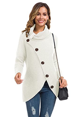 GRECERELLE Women's Winter Jumpers Knit Warm Turtle Neck Wrap Asymmetric Hem Jumper Sweater Tops with Button for Ladies (White, M)