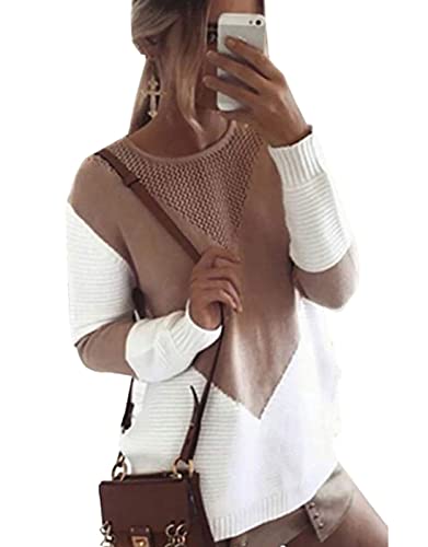 shermie Women Color Block Knitted Jumper Loose Long Sleeve Pullover Sweater, Camel, 16-18