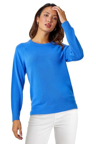 Roman Originals Soft Jumper for Women UK Ladies Winter Autumn Sweater Knit Knitwear Round Crew Neck Top Plain Lightweight Comfy Long Sleeve Split Hem Everyday Daywear - Blue - Size 16
