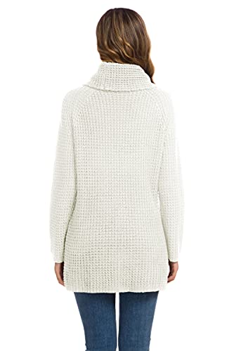 GRECERELLE Women's Winter Jumpers Knit Warm Turtle Neck Wrap Asymmetric Hem Jumper Sweater Tops with Button for Ladies (White, M)