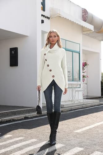 GRECERELLE Women's Winter Jumpers Knit Warm Turtle Neck Wrap Asymmetric Hem Jumper Sweater Tops with Button for Ladies (White, M)