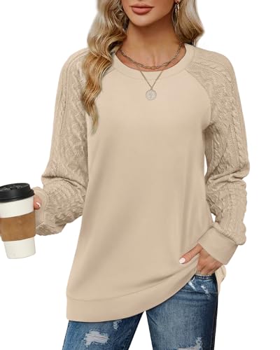 Aokosor Ladies Jumpers Cable Knit Sweatshirts for Women Lightweight Long Sleeve Tops Beige Size 14-16
