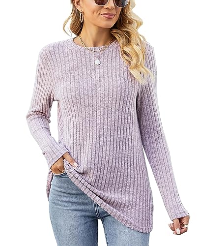 Famulily Long Sleeve Tops Women Round Neck Cute Soft Knit Longline Tunic Jumpers Pink M