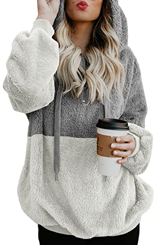 GOLDPKF Womens Winter Coats Oversized Fleece Hoodies For Women Hooded Sweatshirts For Women Uk Ladies Jumpers Warm Zipper Pockets Coat Pullover Fuzzy Loose Teddy Sweater Top Ladies Coats Grey UK10-12