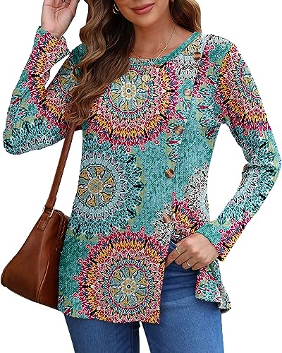 AUSELILY Fall Winter Tunic Sweaters for Women Printed Green Long Sleeve Tops Lightweight Loose Casual Crew Neck Jumpers for Women UK Shirts Buttons Side UK 16