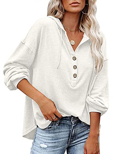 PLOKNRD Autumn Long Sleeve Jumper for Women Lightweight Blouse with Drawstring（Creamy White,L