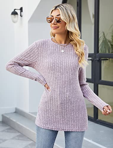 Famulily Long Sleeve Tops Women Round Neck Cute Soft Knit Longline Tunic Jumpers Pink M