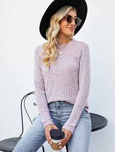 Famulily Long Sleeve Tops Women Round Neck Cute Soft Knit Longline Tunic Jumpers Pink M