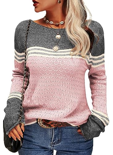 Tankaneo Women Colorblock Pullover Jumper Crew Neck Striped Slim Fit Knitwear Tops Sweater for Autumn Winter Pink