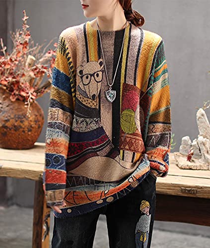 YESNO Women Long Sleeve Jumpers Oversized Graphic Knitted Sweater Crew Neck Loose Vintage Pullover Sweater Tops XL S01UK CR31