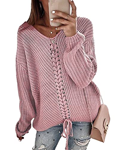 Hormtaer Women's Jumper Winter Warm Sweater V Neck Knit Pullover Long Sleeve Causal Loose Sweatshirt Ladies Tops (Pink, S)