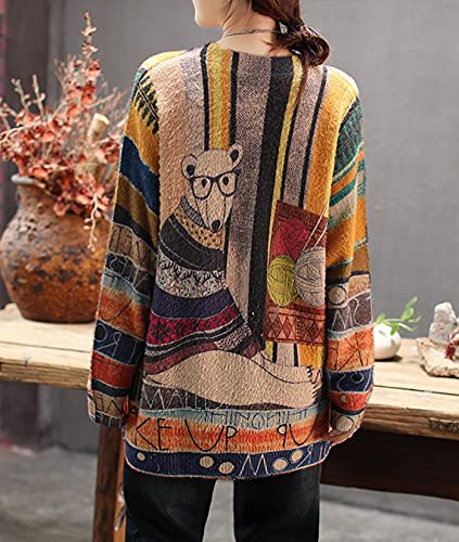 YESNO Women Long Sleeve Jumpers Oversized Graphic Knitted Sweater Crew Neck Loose Vintage Pullover Sweater Tops XL S01UK CR31