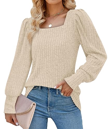 Aokosor Womens Long Sleeve Tops Ladies Square Neck Jumpers Puff Sleeves Sweatshirts Beige Size 10-12