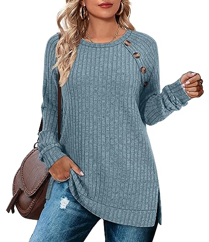 Aokosor Long Sleeve Tops Women Lightweight Jumpers Ladies Button Side Splits Tunic Blue Size 10-12